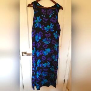 💐 Vintage Blue & Purple Floral Sleeveless Dress – Size Large
